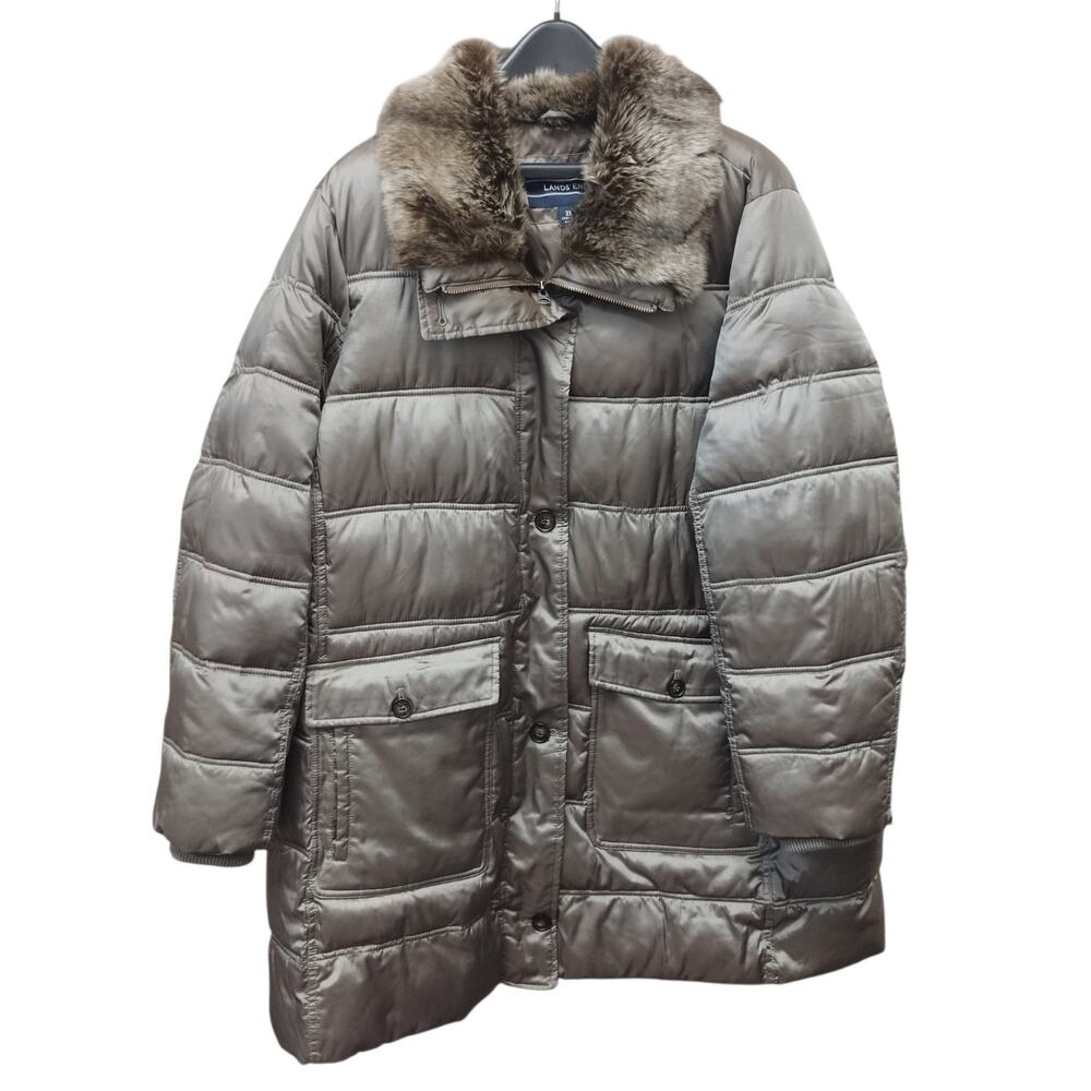 Lands End Womens Faux Down Quilted Puffer Parka Coat 3X Faux Fur Lined Collar